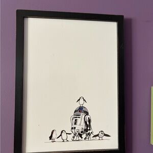 Star Wars Art Print with R2-D2 and Porgs - Black and White